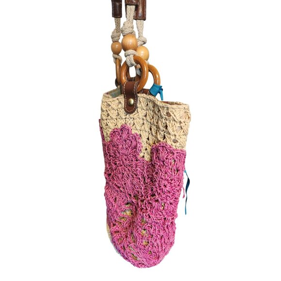 VTG Fossil Long Live 1954 Tote Bag Summer Beach Pink & Beige W/ Key Charm - Picture 2 of 9